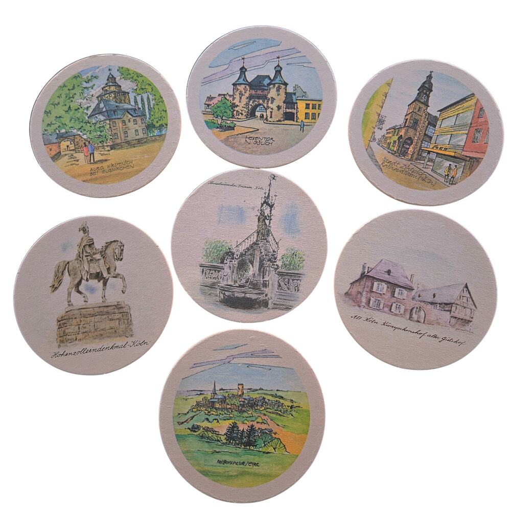 7 VTG German Bierdeckel Beer Lids Mats Coasters Breweriana German Scenes Paper